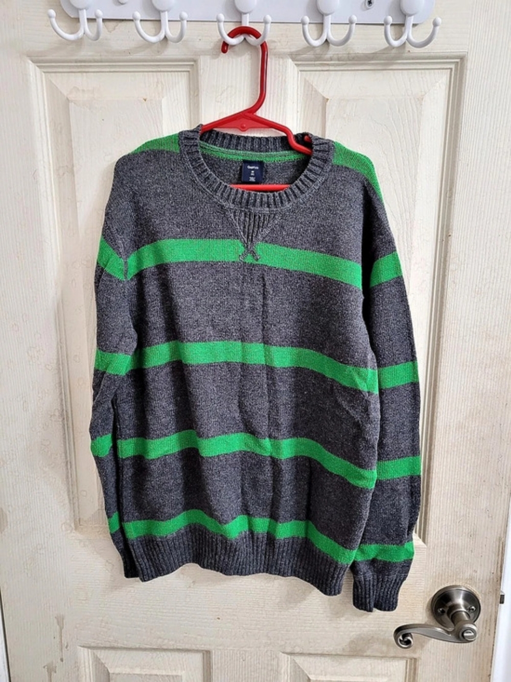 Gap Striped Crewneck Sweater in Gray & Green Medium Perfect For Holidays